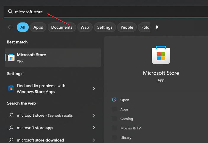 Поиск Microsoft Store в Windows