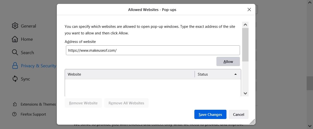 Добавление адреса сайта в список исключений для всплывающих окон