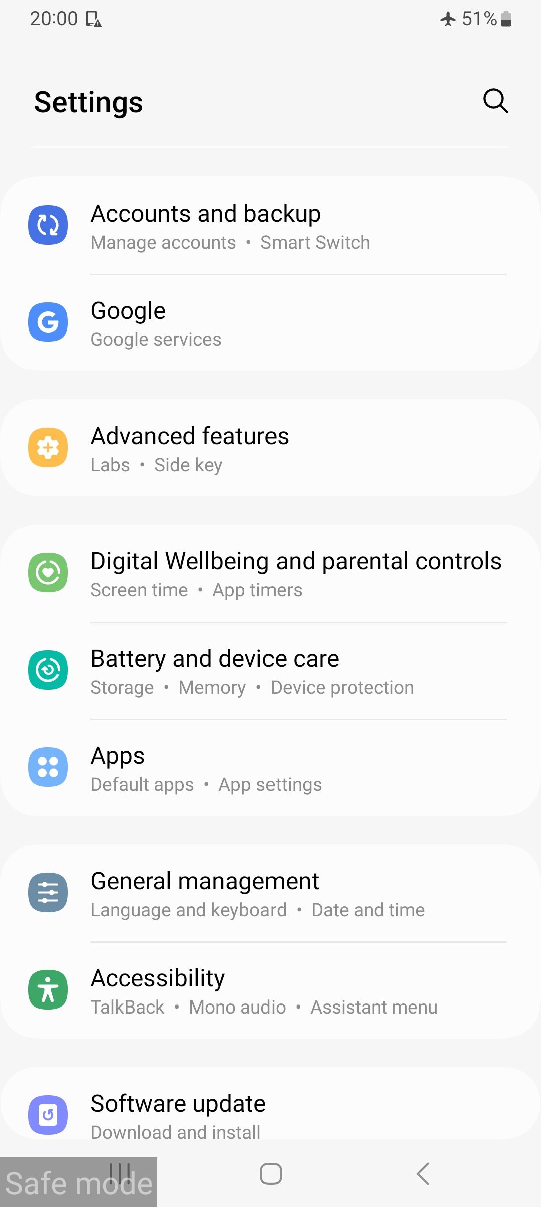Меню Приложения в Настройках