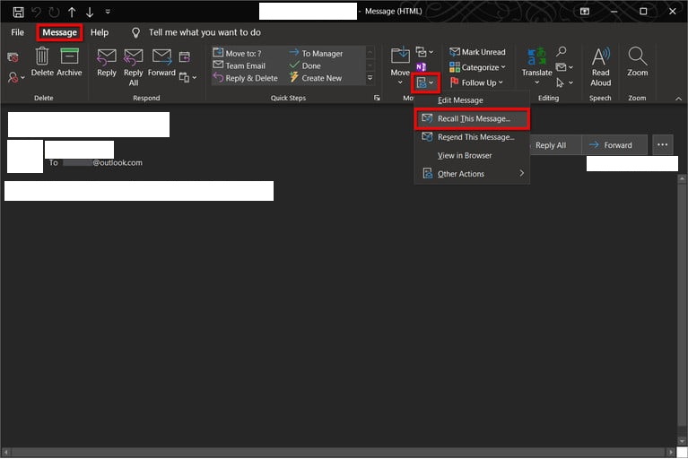 Окно отзыва сообщения в Outlook