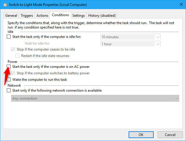 Снять отметку о запуске только от сети для светлой темы