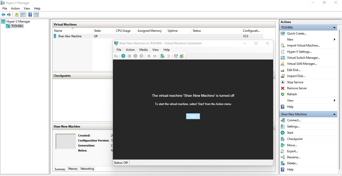 Запуск новой виртуальной машины в Hyper‑V Manager
