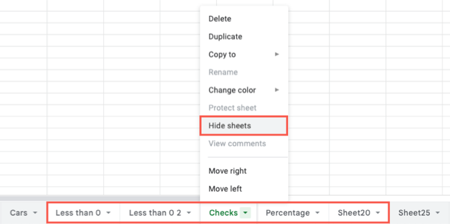 Скрытие выбранных листов