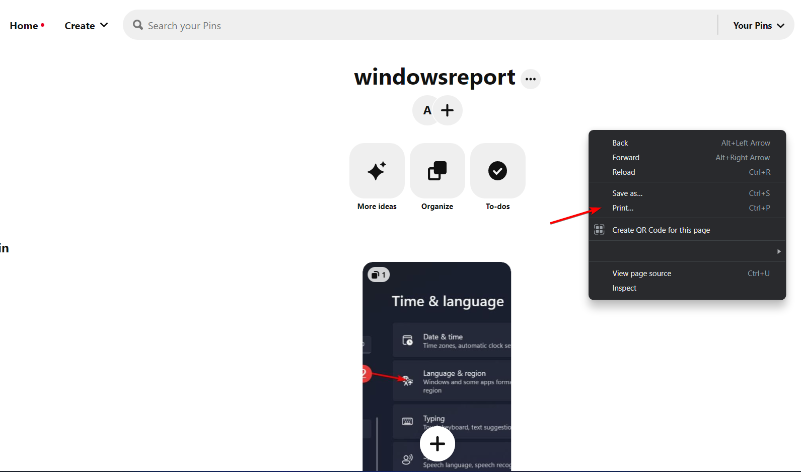 Меню печати страницы Pinterest — пункт 'Печать'