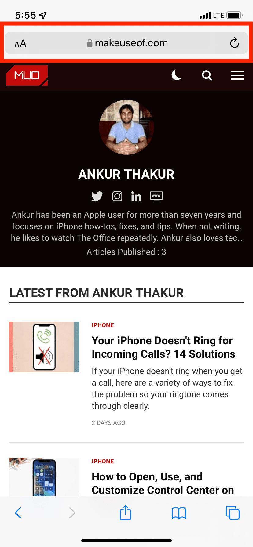 Адресная строка Safari перемещена наверх