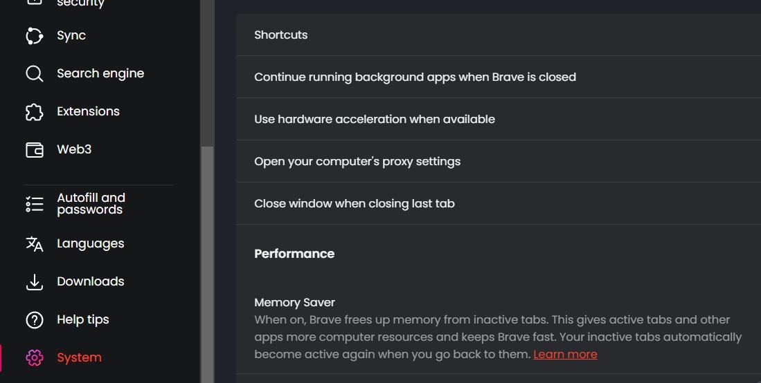Пункт «Сочетания» в навигации настроек Brave
