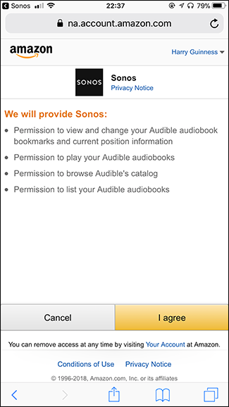 Кнопка 'I Agree' для разрешения доступа Sonos к Audible