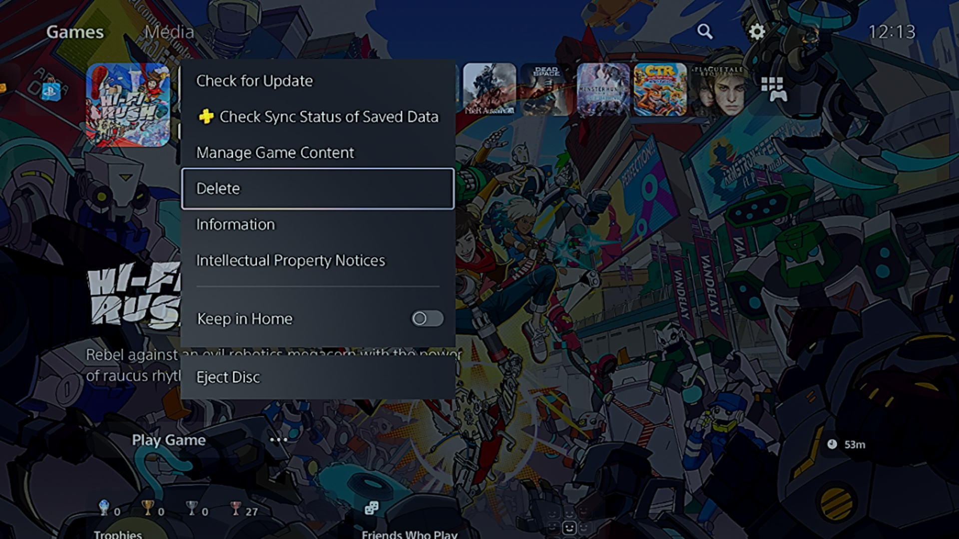 Удаление игры с главного экрана PS5.