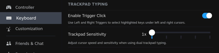 Steam Deck keyboard settings menu showing trackpad-specific options