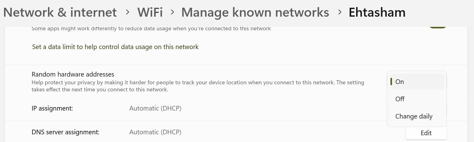 Включение случайных аппаратных адресов для конкретной сети в Windows