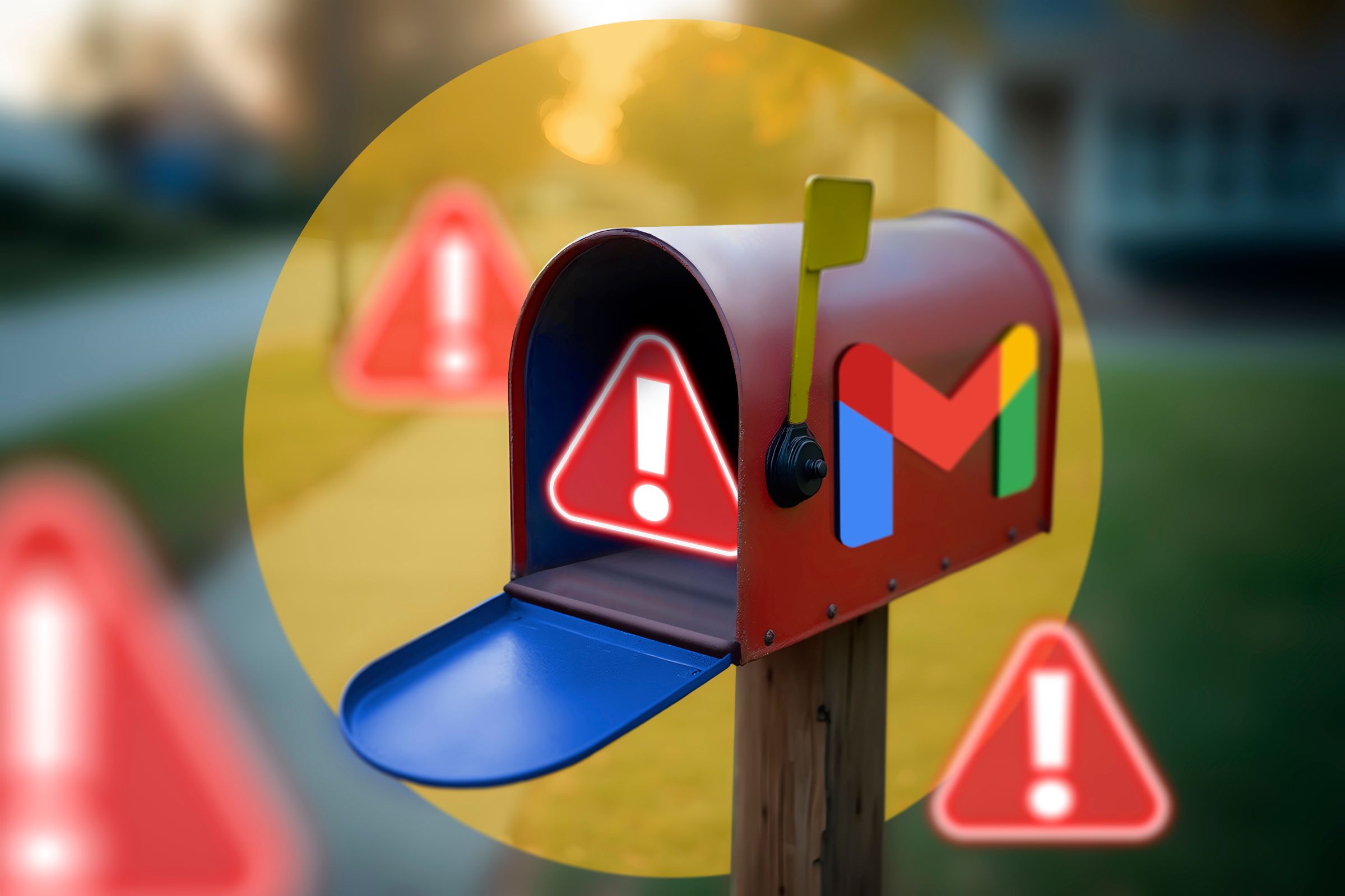 Входящие с логотипом Gmail и предупреждающий знак