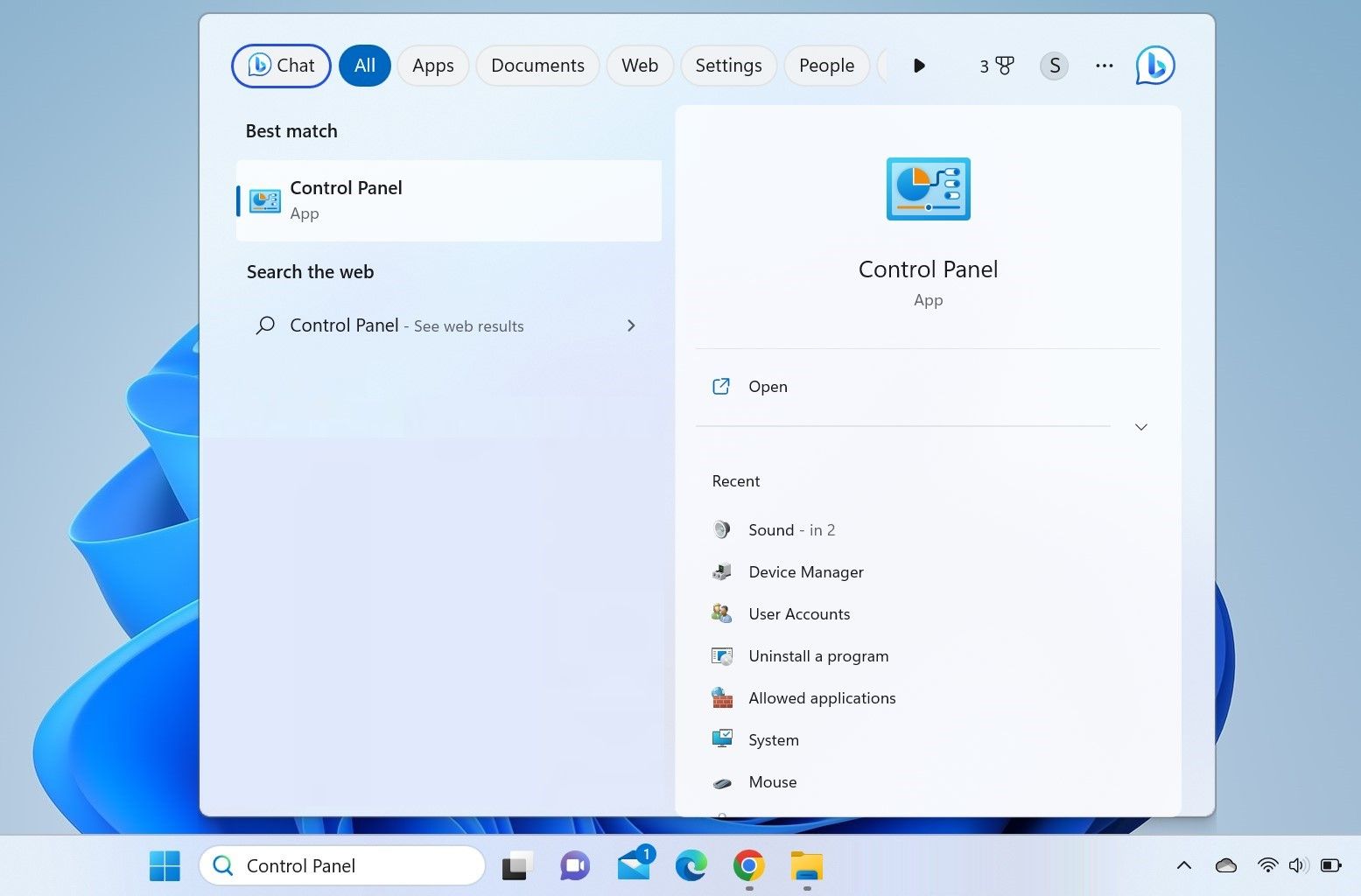 Открыть Панель управления через поиск Windows