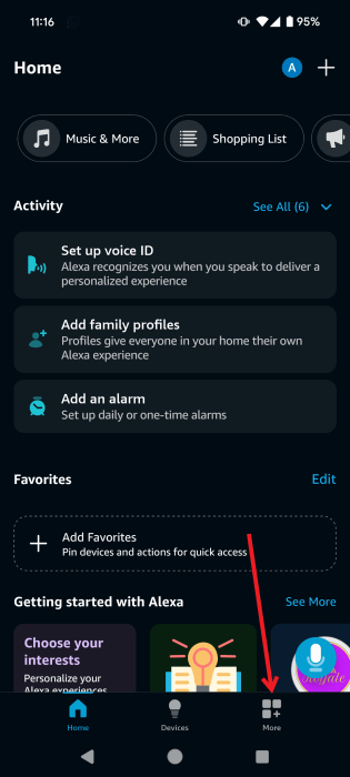Нажатие на кнопку Еще в приложении Alexa