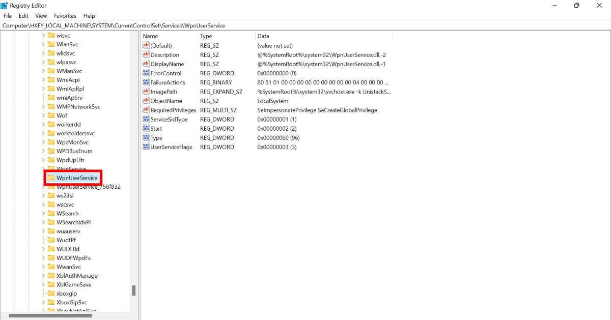 Ubicación de WpnUserService en el Editor del Registro