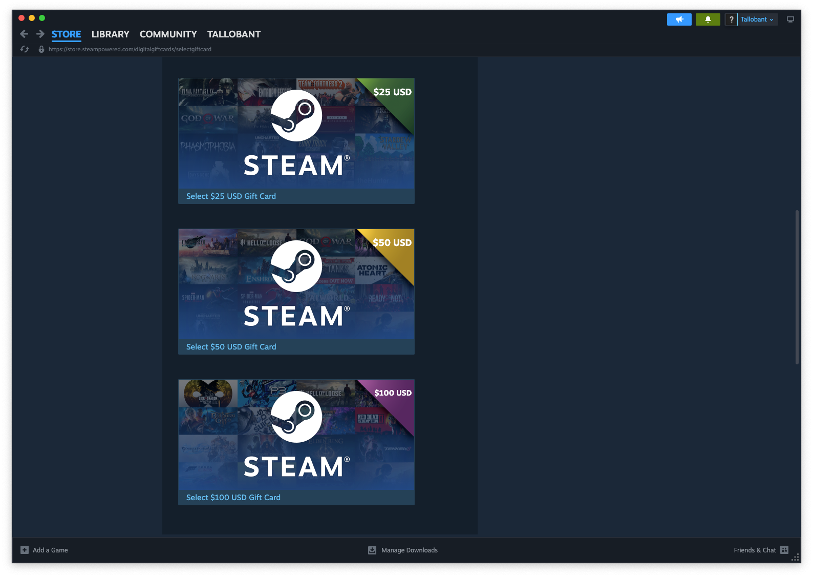 List of Steam gift cards on Steam