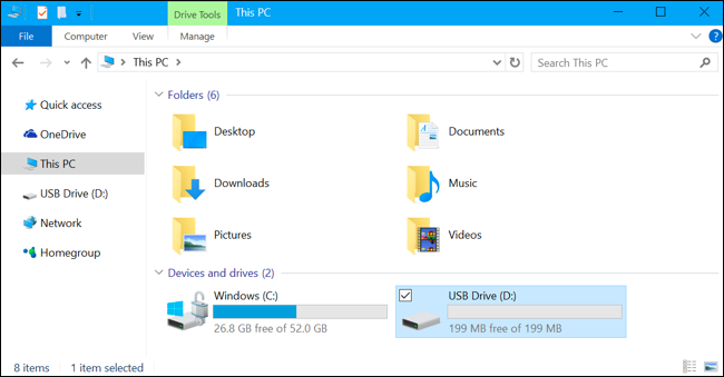 Флешка, подключённая к компьютеру с отмеченной буквой диска