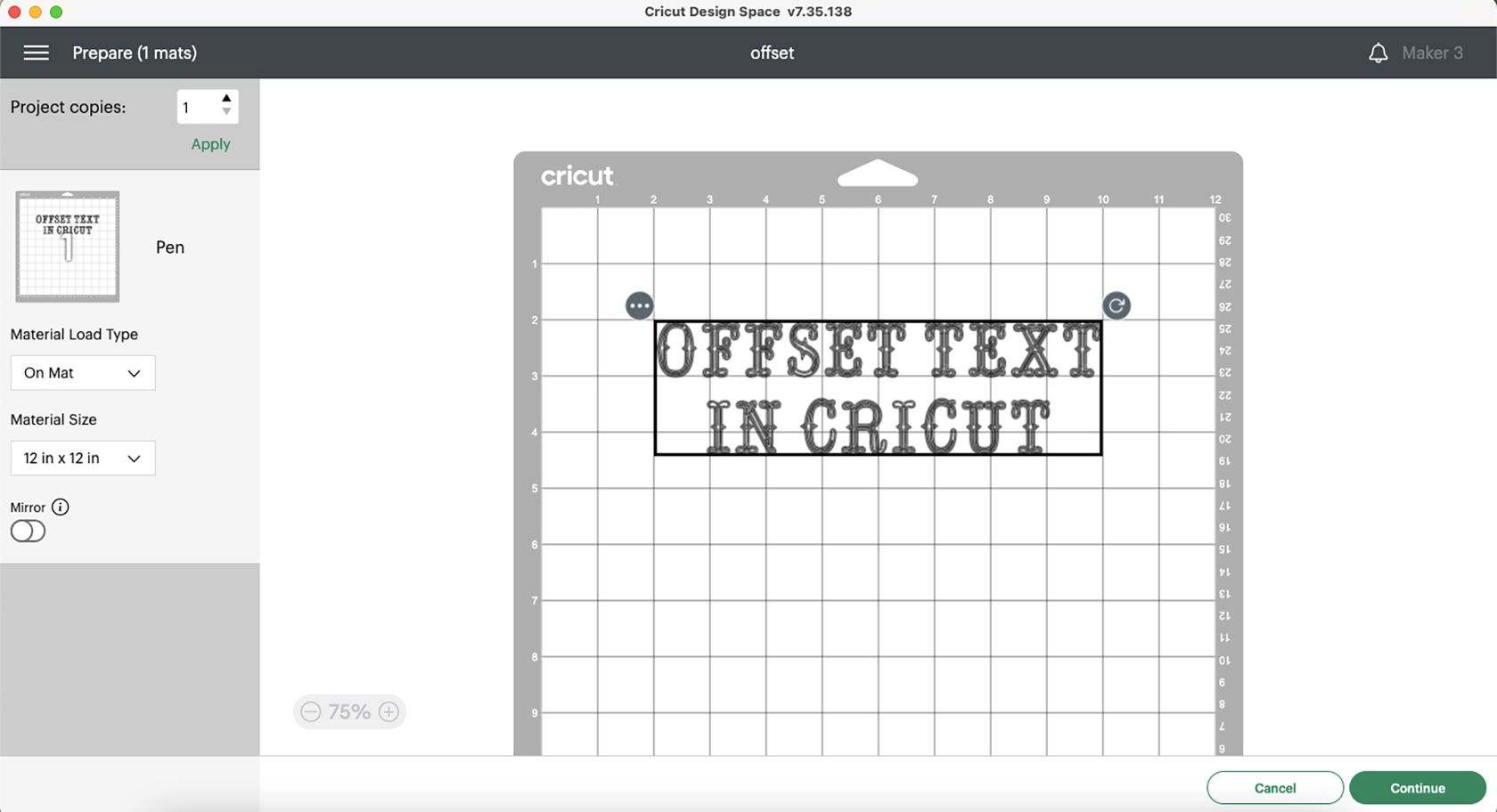 Cricut Design Space mat preparation page.