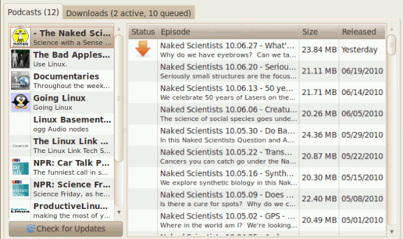 Процесс загрузки эпизода в gPodder