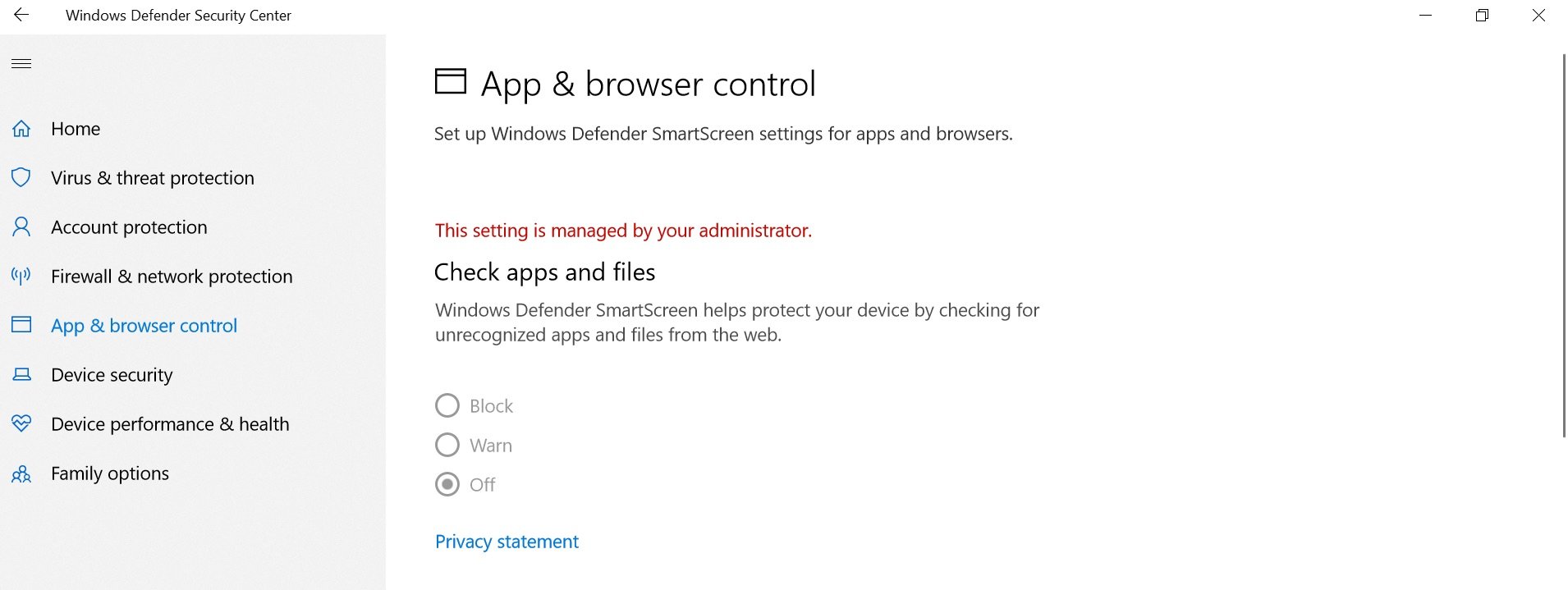 Painel de configurações do Windows com mensagem de restrição