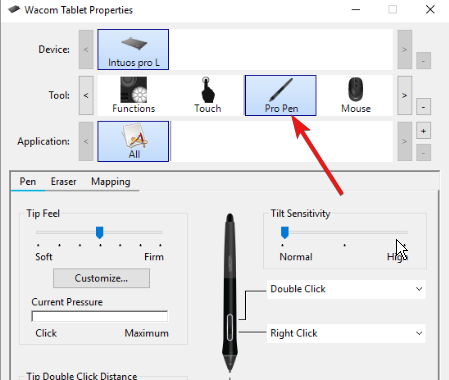 Выбор пера в строке инструментов свойств Wacom