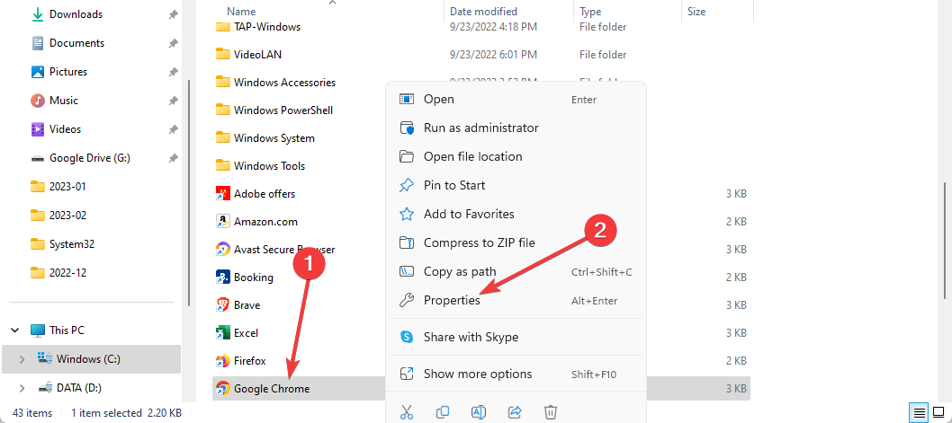 Контекстное меню ярлыка Google Chrome