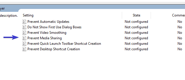 Параметр «Prevent Media Sharing» в редакторе групповой политики