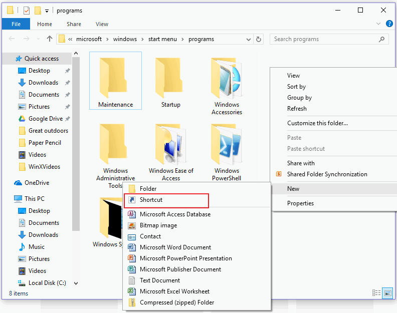 Создание нового ярлыка в папке меню «Пуск»