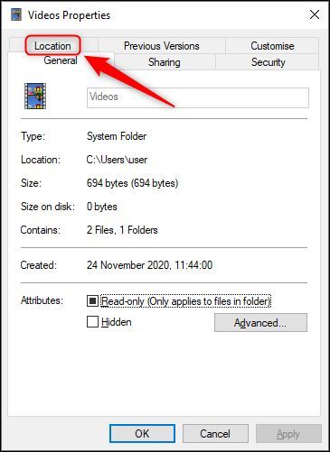 Вкладка «Расположение» в окне свойств