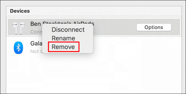In your macOS Bluetooth settings (Launchpad > System Preferences > Bluetooth), right-click on a device and click Remove