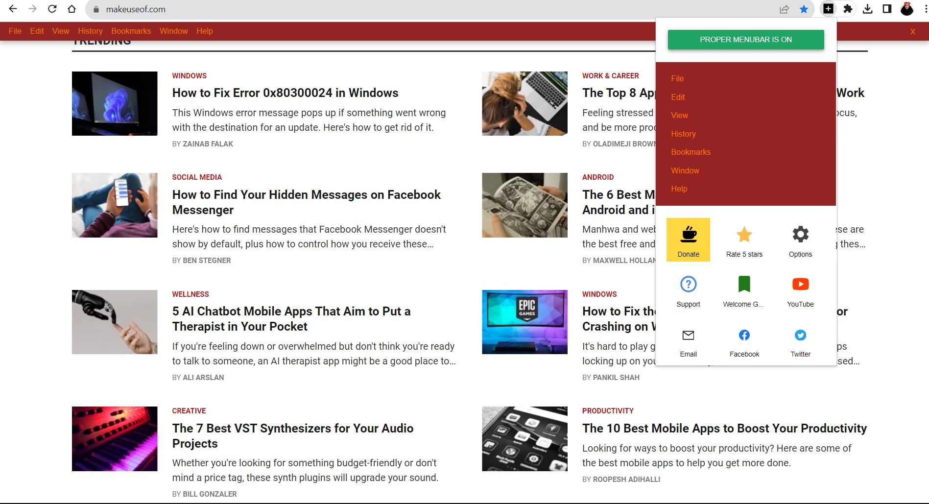 Использование расширения Proper Menubar