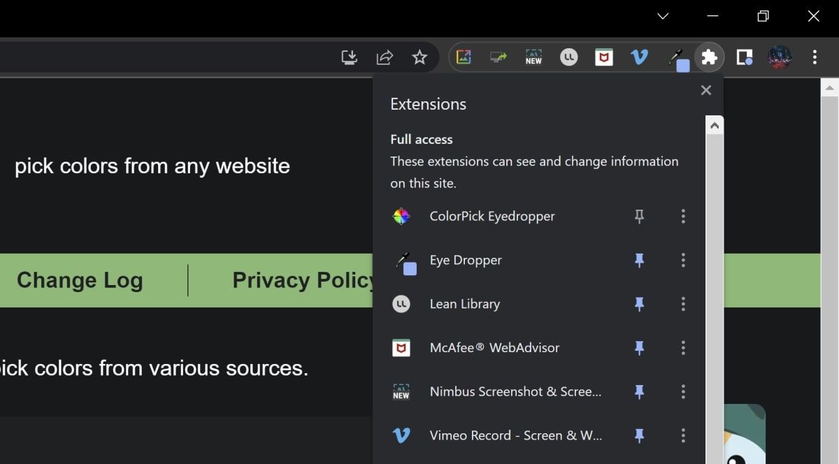 Панель расширений в Chrome с закреплённым Eye Dropper