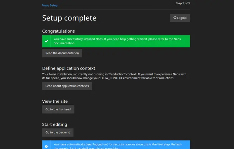 Завершение установки Neos