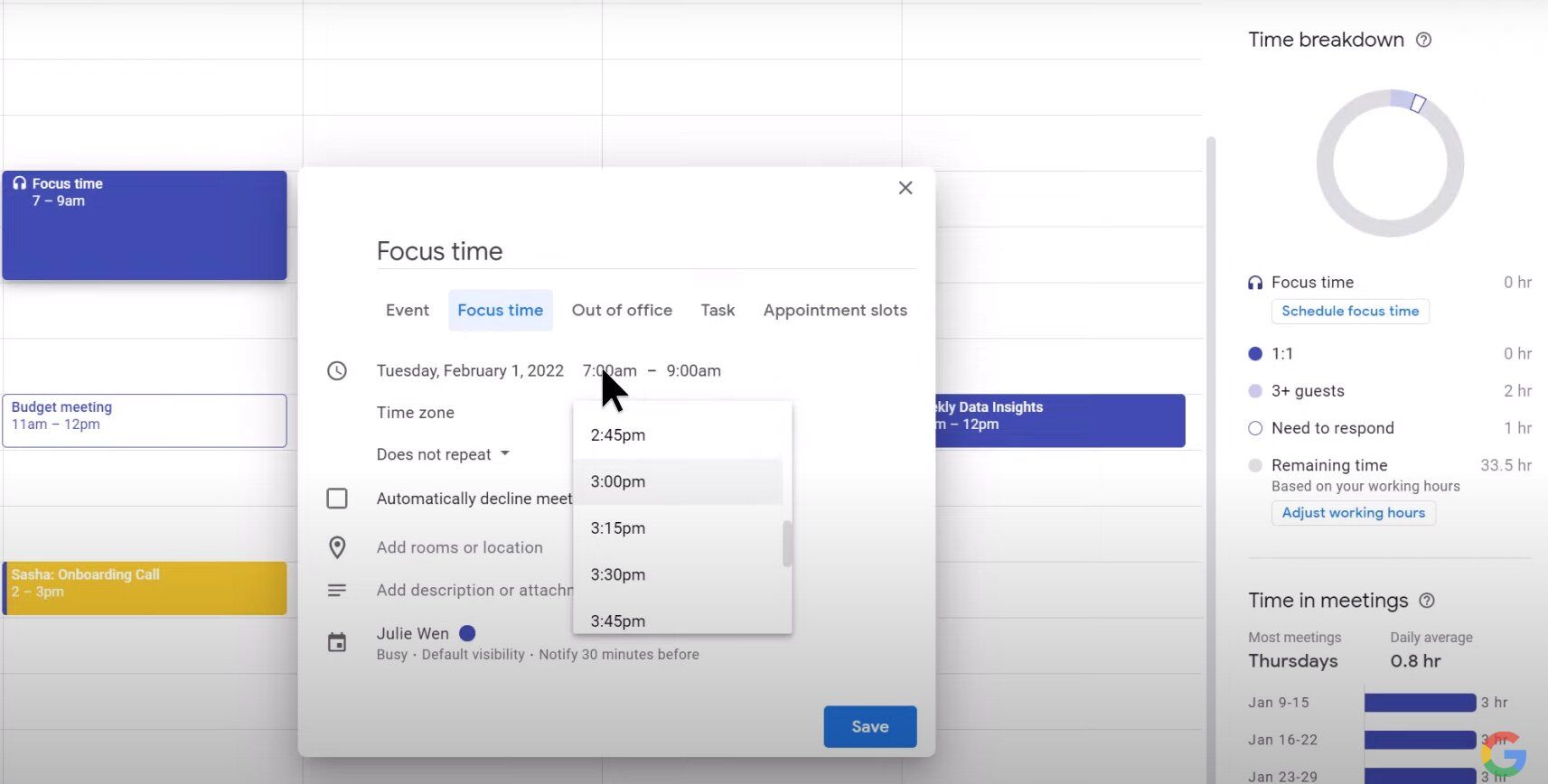 Focus Time Time Change in Google Calendar on PC