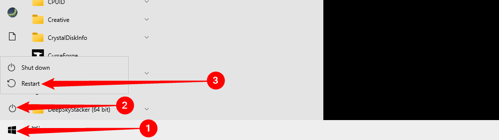 Нажмите кнопку Пуск, выберите Питание и затем Перезагрузка