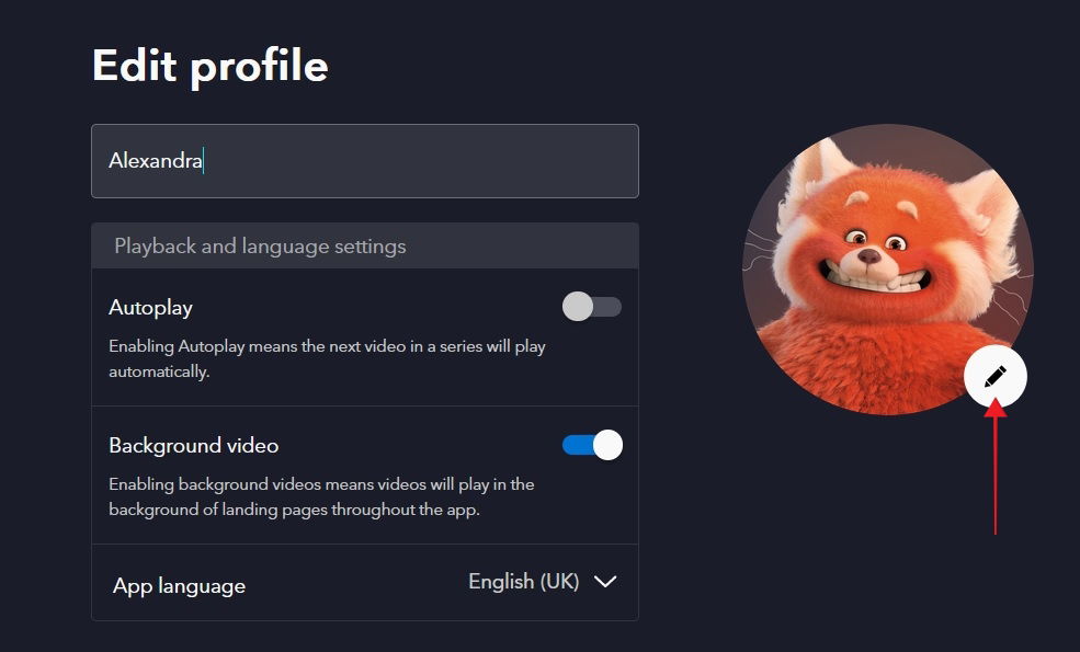 Параметры изменения аватара и другие настройки в веб‑версии Disney Plus