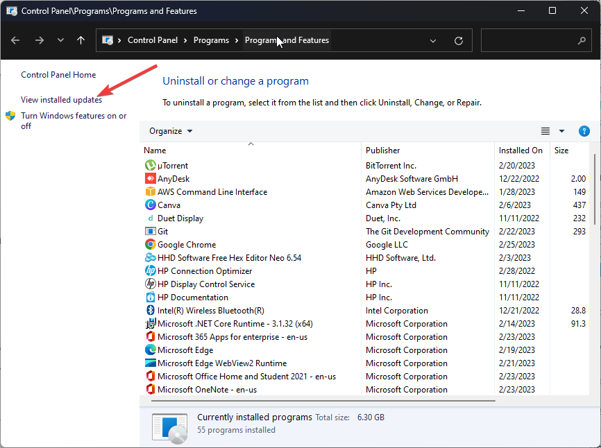 Список установленных обновлений Windows