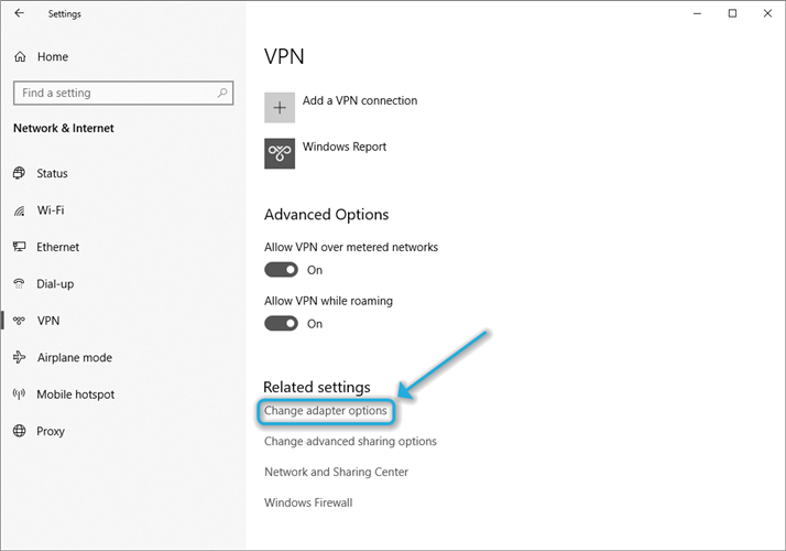 Параметр Изменить параметры адаптера