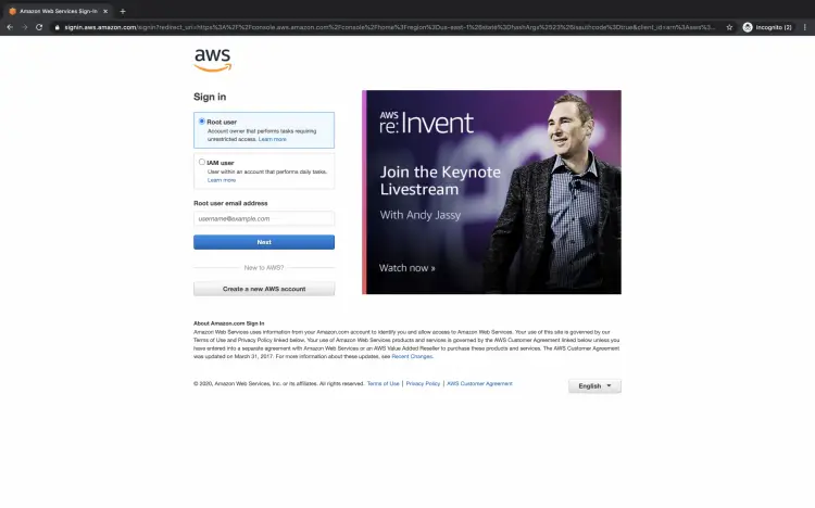 Страница входа в AWS — форма ввода учётных данных