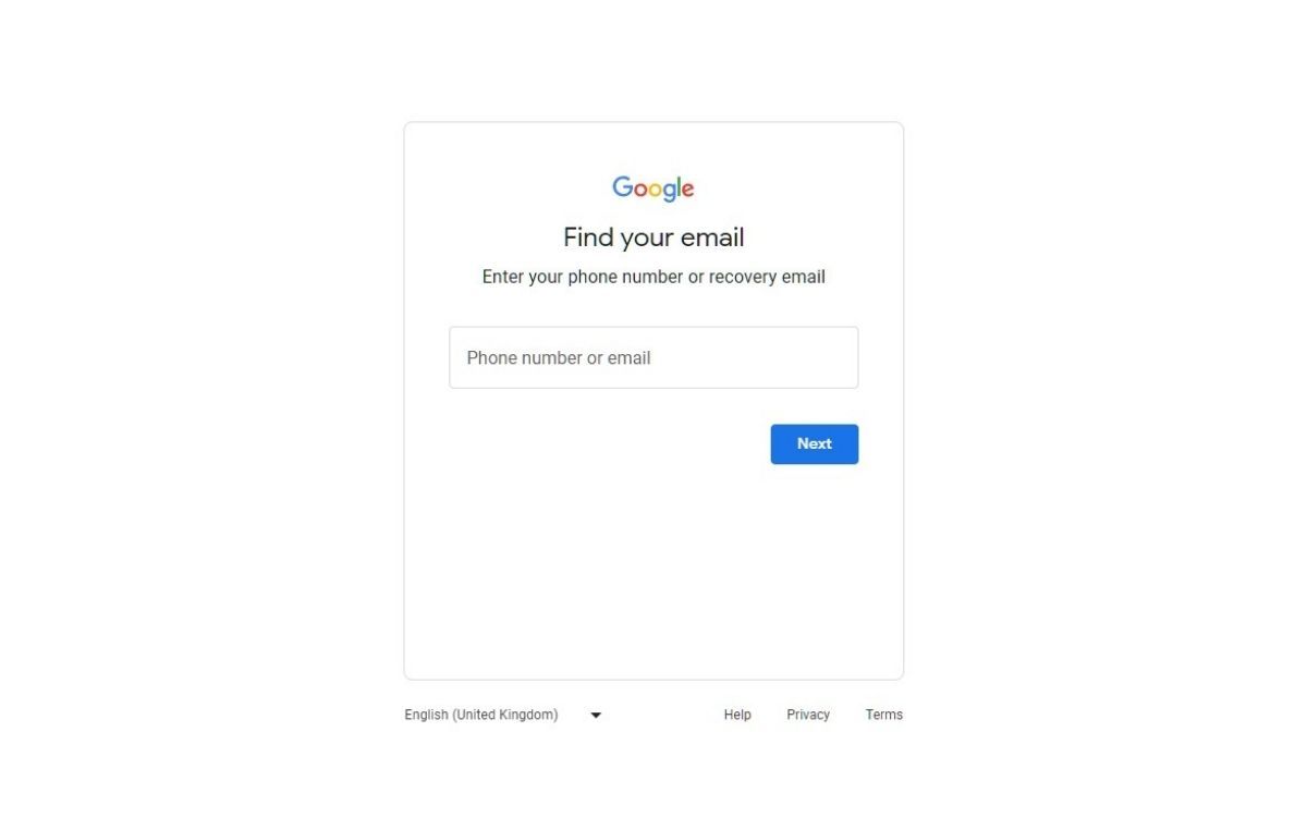 A screenshot of the Find Your Email section after clicking Forgot email? when attempting to log into Google