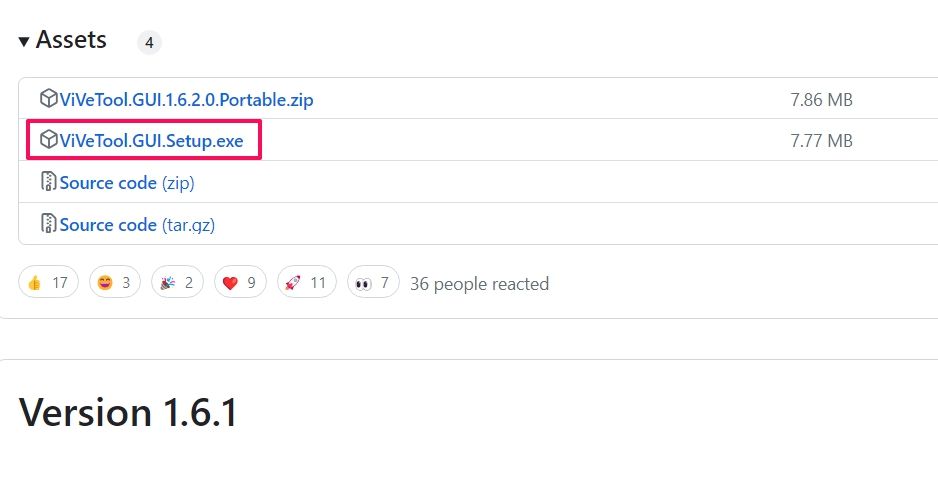 Файл установки ViVeTool GUI на странице GitHub