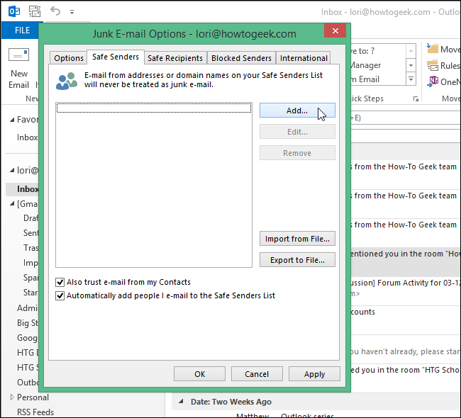 Кнопка Добавить в списке надёжных отправителей