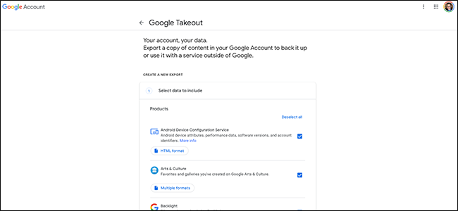 Главная страница Google Takeout
