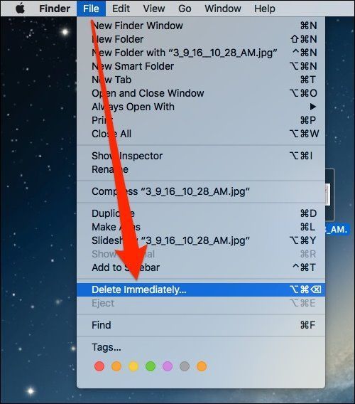 Меню Finder: пункт «Файл» меняется на «Удалить сразу…» при удержании Option