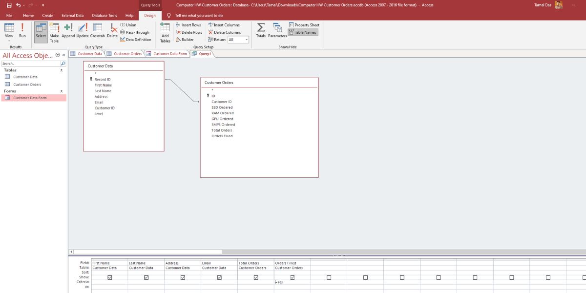 Интерфейс запроса в Access