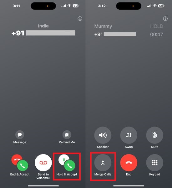 Экран iPhone с опцией удержания и принятия входящего звонка
