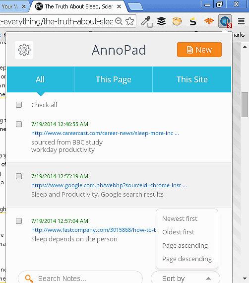 Listado All con URLs y opciones en AnnoPad