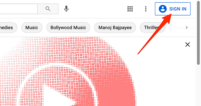 Интерфейс YouTube после выхода из аккаунта, отображается кнопка Войти.