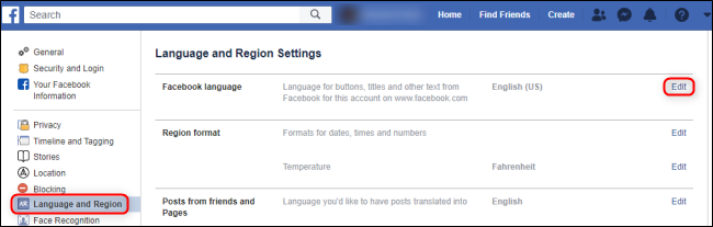 Параметры языка и региона Facebook