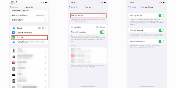 Включение функции Найти iPhone на экране Настройки