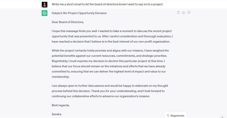 Скриншот вежливого отказа от проекта, сгенерированного ChatGPT